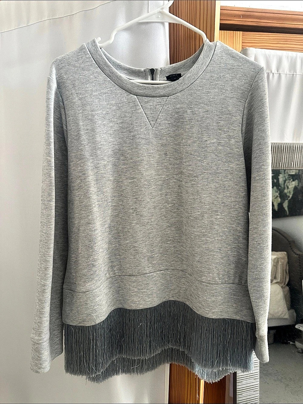 J.Crew Fringe Hem Back-Zip Sweatshirt Gray Medium
